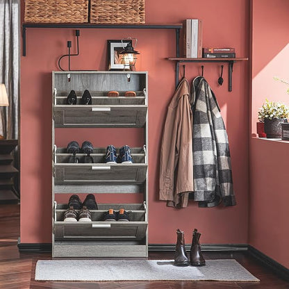 Haotian Shoe Storage Cabinet Entryway, Freestanding Shoe Cabinet with 3 Flip-Drawers Fully Enclosed Tall Shoe Rack Shoe Organizer, Grey, FSR137-L-HG