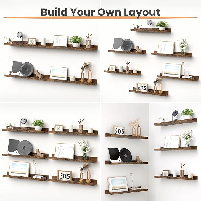 upsimples Floating Shelves for Wall, 23.6 Inch Shelves for Decor Storage Set of 6, Wall Mounted Wood Shelf for Bedroom, Living Room, Bathroom, Kitchen, Long Picture Ledge Shelves, Brown