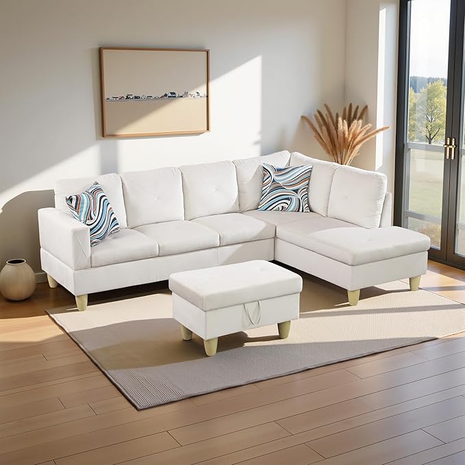 Couches for Living Room Modern L Shaped Couch Comfy Flannel Fabric 3 Pieces Sectional Sofa with Chaise, Ottoman with Storage for Office and Small Apartment, White