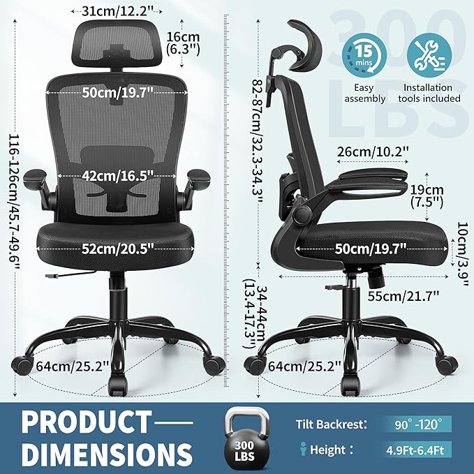 FelixKing Ergonomic Office Chair, Headrest Desk Chair with Adjustable Lumbar Support, Home Office Swivel Task Chair with High Back and Armrest, Adjustable Height Gaming Chair(Black)