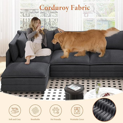 Vesgantti 109" L Shaped Cloud Sectional Couch, Comfy Corduroy Upholstered Modular Couches for Living Room, Modern 3 Seater Sectional Sofa with Ottoman Deep Seat, Dark Grey