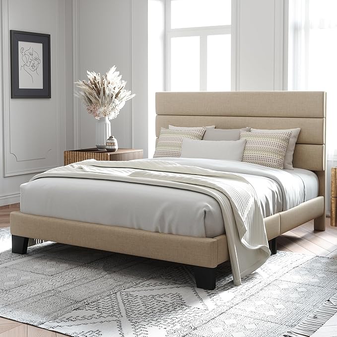 Allewie Full Size Platform Bed Frame with Fabric Upholstered Headboard and Wooden Slats Support, Fully Upholstered Mattress Foundation/No Box Spring Needed/Easy Assembly, Beige