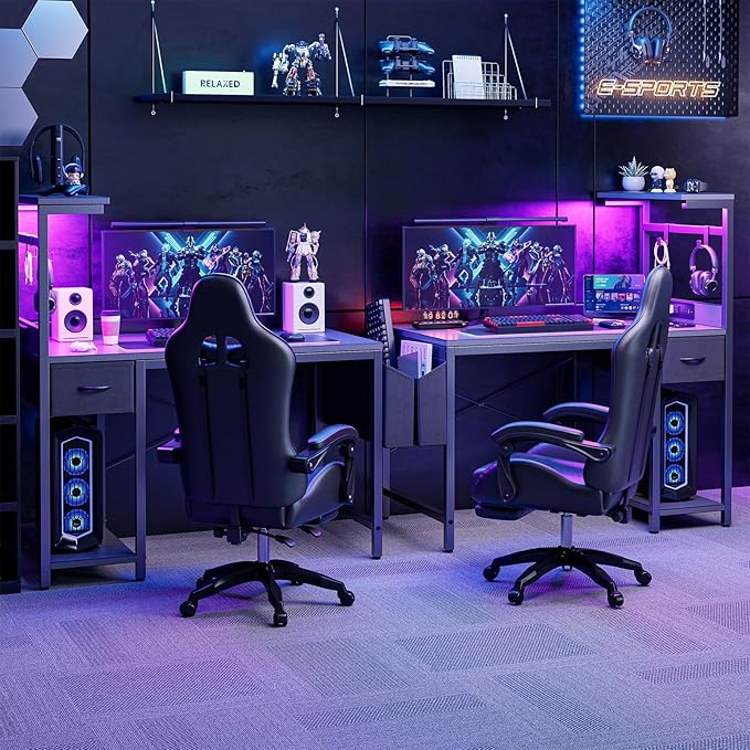 Gaming Desk 47 Inch with Power Outlet and LED Light, Computer Desk with Reversible Shelves and Storage Drawer, Pc Small Desk for Home Office Table with Bag, Carbon Fiber Grey