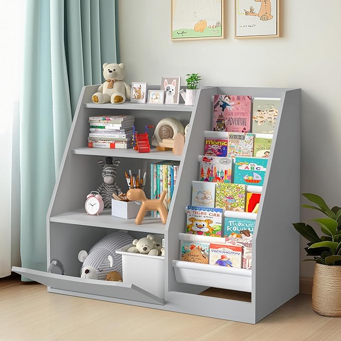 TOETOL Kids Bookshelf & Book Storage,3 Tier Wooden Toddler Bookshelf for Children,Nursery Book Shelves with 6 Sling,Organizer & Book Shelf for Kids Rooms,Bedroom,Playroom Gary