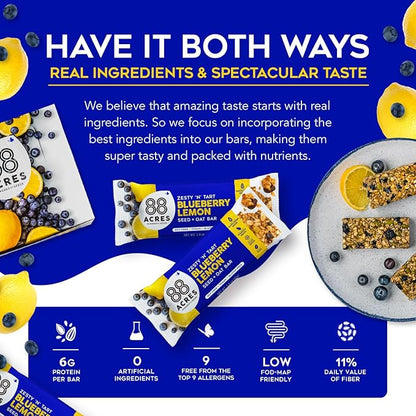 88 Acres Granola Bars | Blueberry Lemon | Gluten Free, Nut-Free Oat and Seed Granola Bar | Vegan & Always Non GMO | 12 Pack