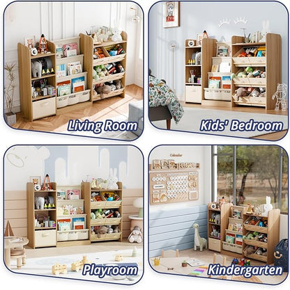 Kids Toy Book Storage Organizer - Large Bookshelf with 7 Removable Bins, Baby Bookshelf and Toy Storage, 4-Tier Book Shelf for Kids Room, Playroom, Classroom, 51 inch, Burlywood