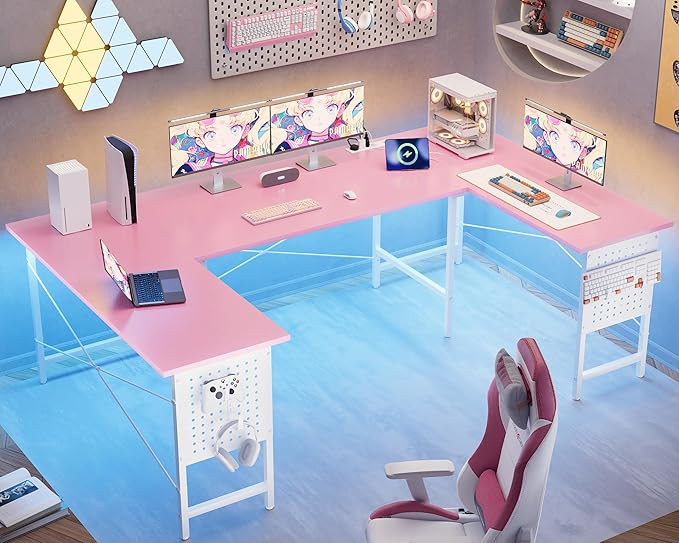Pamray 71 Inch Large Computer Desk with Power Outlets,U Shaped Corner Desk for Home Office Work and Gaming Pink