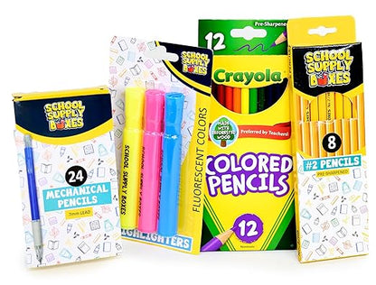 School Supply Boxes | Artistic Case (4 Boxes) | Back to School Essentials Kit for Students & Teachers | Includes Dry Erase Pocket Folders, Coloring Products, & Glue Products
