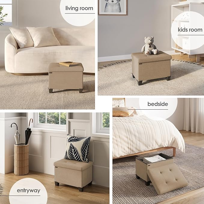 STORAGEBUD Storage Ottoman Cube with Small Bin, 16-in Square Ottoman with Storage for Living Room and Bedroom, Small Ottomans Foot Rest, Fabric Foot Stools Ottomans Max 330lbs, Taupe