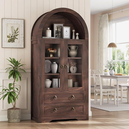 Kitchen Pantry Cabinet, Arched Bookshelf Bookcase China Pantry Storage Cabinet with Drawers Doors and Shelves,71“ Tall Food Pantry Funiture for Living Room,Dining Room (Brown)