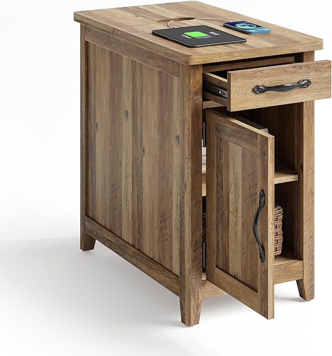 LINSY HOME End Table Set of 2 with Charging Station, Modern Farmhouse Sofa Couch Side Table, Wooden Bedside Table for Living Room Bedroom, Narrow Nightstand with Storage for Small Space, Brown