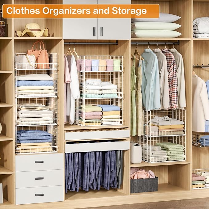 4 Tier Stackable Closet Organizers and Storage Shelves, Foldable Closet Shelf Organizer System, Stackable Storage Bins Drawers for Clothes Organizer System, White(Patent Pending)