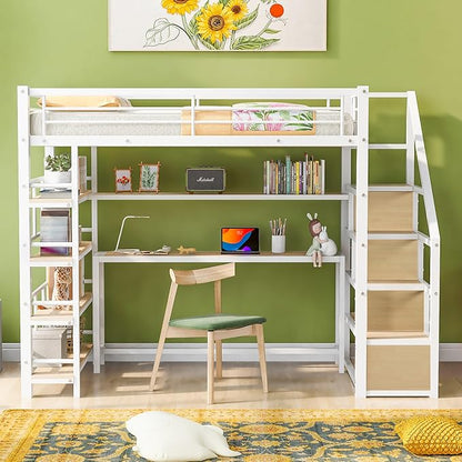 Twin Size Metal Loft Bed with Staircase,Full-Length Guardrails,a Built-in Desk and a 3-Tier Shelf,No Box Spring Needed,Noise Free,for Juniors&Adults,White
