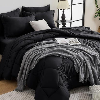 HEVUMYI Black Oversized Queen Comforter Set - 7-Piece All Season Bed in a Bag Oversized Queen, Ultra Soft Bedding Set with Comforter, Flat Sheet, Fitted Sheet, Pillowcases, Pillow Shams