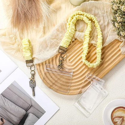 Marspark 2 Set Scrunchie Lanyards with 4 Card Holders for ID Badges and Keys Cute Stretchy Scrunchie Neck and Wrist Lanyards for Teacher Women Nurses School Office Supplies(Yellow,Solid Color)