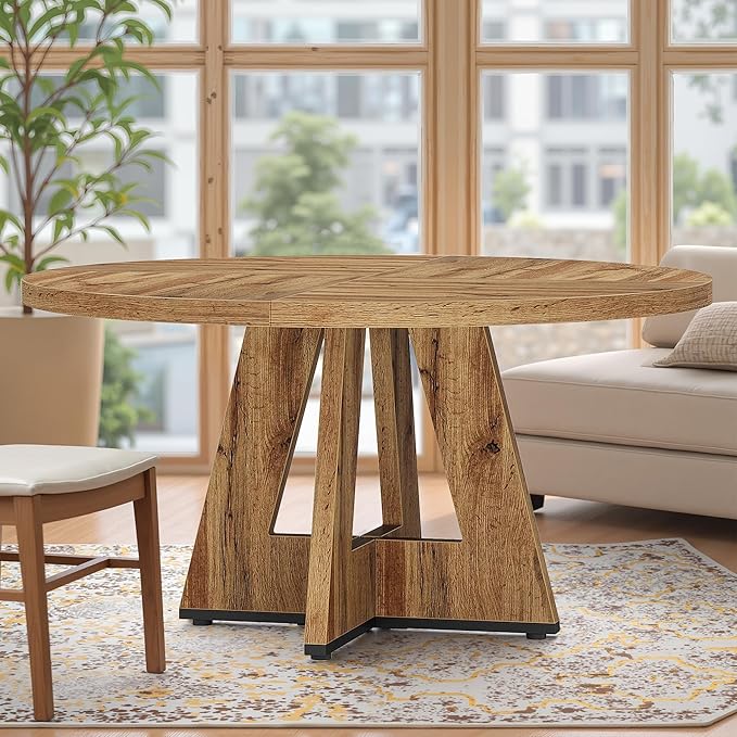 NicBex 47 Inch Round Dining Table, Wooden Dinner Table for 4, Small Farmhouse Kitchen Tables with Cross Base for Dining Room, Kitchen, Living Room, Light Brown
