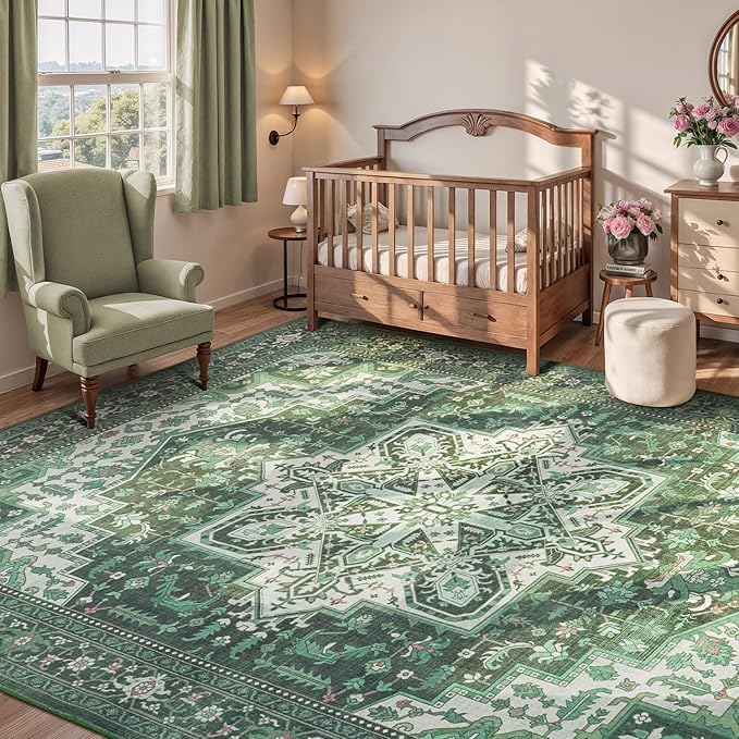 Rugflix 6x9 Area Rugs for Living Room, Machine Washable Rug Non Slip Stain Resistance, Large Rug Vintage Distressed Soft Carpet for Bedroom, Dining Room, Home Office, Green