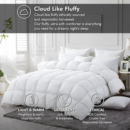 Luxurious White Solid Medium Weight, Twin Size Goose Feathers Down Comforter for All-Season Weather Duvet Insert, Premium Baffle Box, 100% Egyptian Cotton Cover, 55 oz. Fill Weight