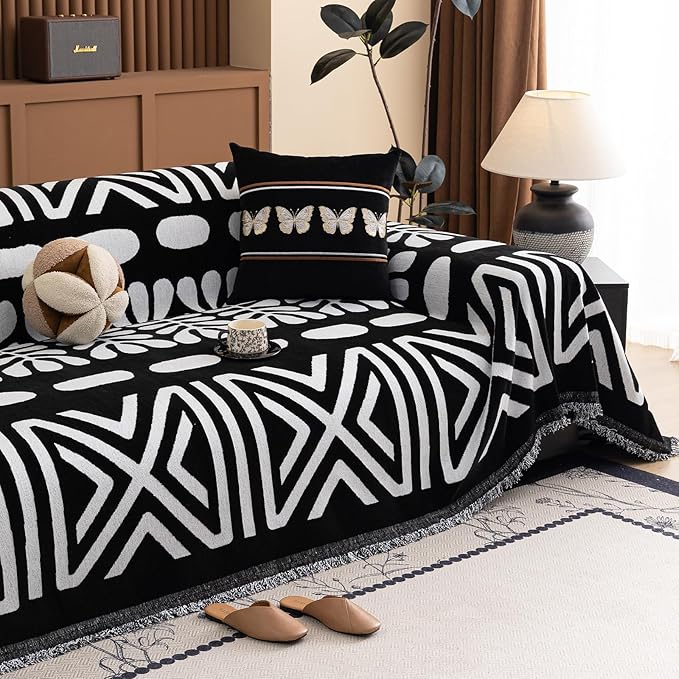 HANDONTIME Boho Couch Cover Blanket Geometric Striped Pet Covers for Couches and Sofas Black and White Dog Cover for Couch Pet Friendly Chenille Sectional Sofa Covers for Pets Washable, 71" X 118"