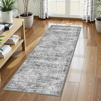 Washable Area Rug 2'6'' x 8' Vintage Traditional Persian Mat - Foldable Distressed Non-Slip Machine Washable Carpet for Living Room Bedroom Kitchen Home Decor - Graphite and Mist