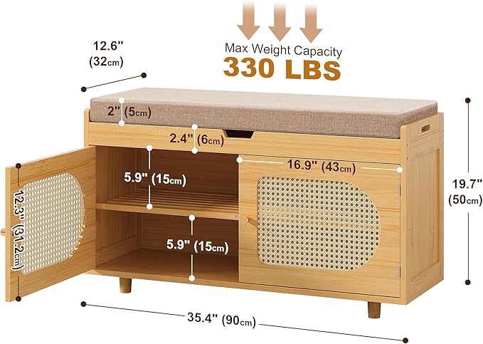 Rattan Shoe Storage Bench,Bamboo Entryway Bench, 2-Tier Shoe Rack,35.4" W x 12.6" D x 19.7" H with 2 Doors & Padded Seat Cushion for Entryway, Living Room, Bedroom, Natural