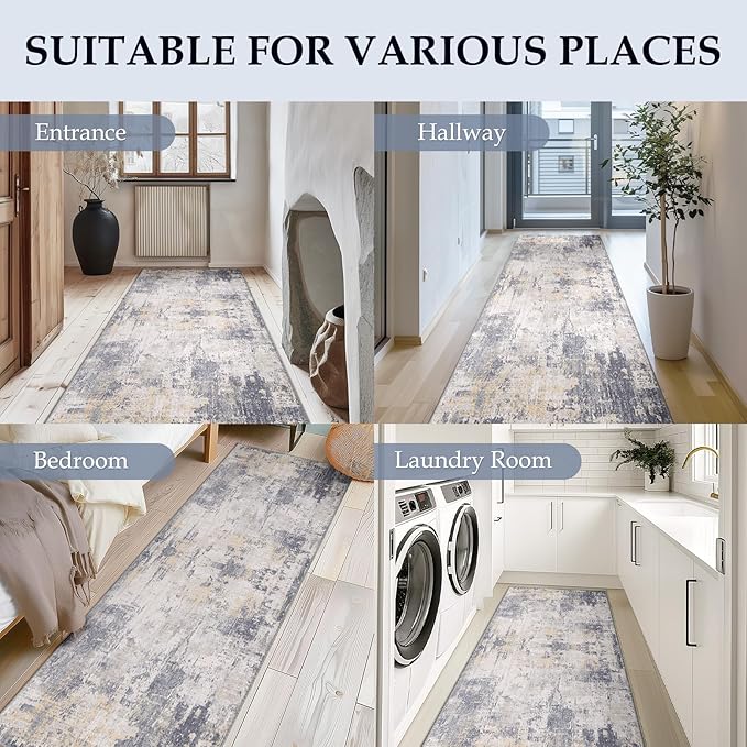 Washable Area Rugs 2'x10' Non-Slip Modern Abstract Soft for Living Room Entryway Bedroom Nursery, Print Pattern, Purple Grey Cream Yellow