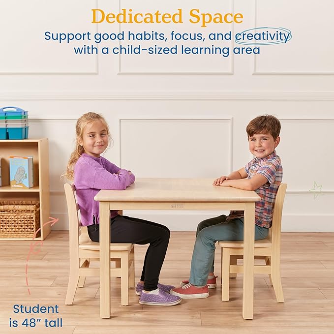 ECR4Kids 30in x 30in Square Hardwood Table and Chair Set, 12in Seat Height, Kids Furniture, Antique White