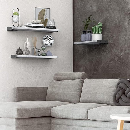 BAYKA Wall Shelves for Bedroom Decor, Floating Wall Shelves for Living Room Kitchen Storage, Wall Mounted Rustic Wood Floating Shelves for Kids Books,Corner Shelves for Bathroom(White，Set of 3)