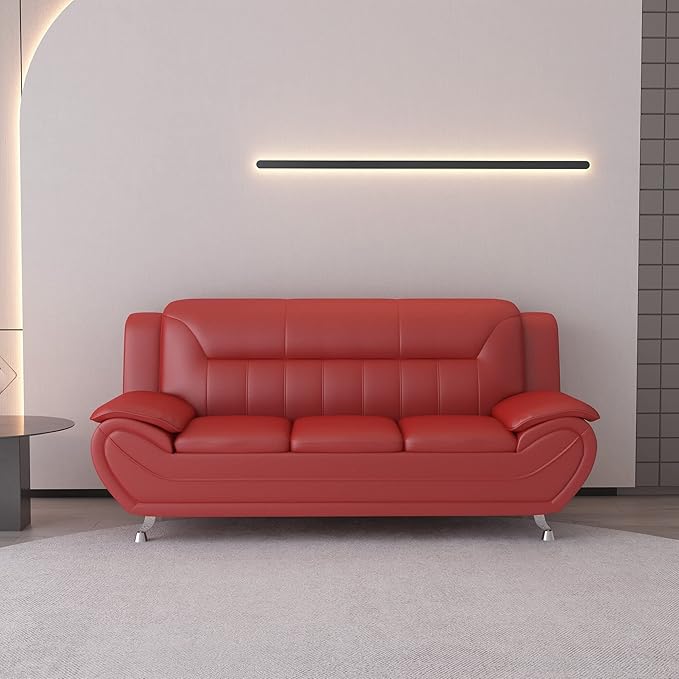 Container Furniture Direct Michael Modern Faux Leather Upholstered Stainless Steel Legs Living Room Sofa, Loveseat, Red