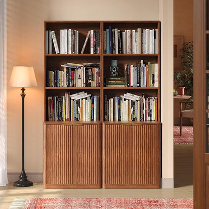 71" Walnut Bookcase with Doors, 5 Tier Fluted Tall Bookshelf with Storage, Librero with Cabinet for Home Office, Living Room,or Bedroom
