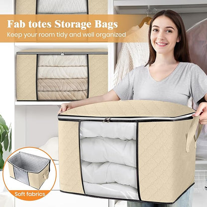 Fab totes 24 Gallons Clothes Storage, Foldable Thick Fabric Blanket Storage Bags, Containers for Organizing Bedroom, Closet, Clothing, Comforter, Organization with Handle (4 Pack,Beige)