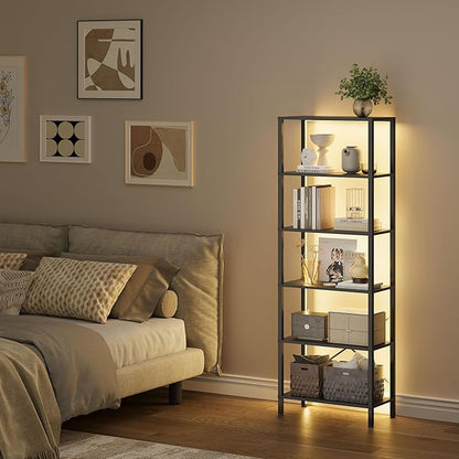 6-Tier Bookshelf, Tall Bookcase with LED Lights, Book Shelf with Steel Frame, 11.2" x 23.6" x 65.4", Display Storage Shelf for Living Room, Bedroom, Home Office, Study, Black