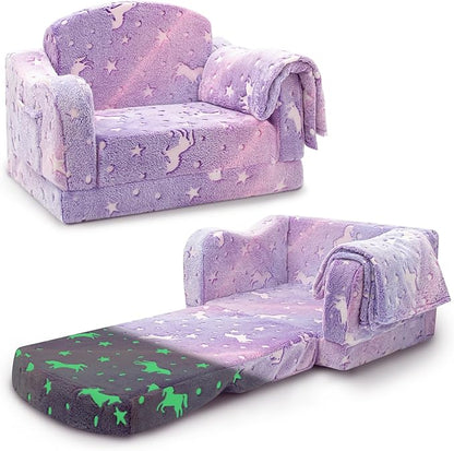 Comfy Toddler Couch and Chair for Kids with Blanket, 2-in-1 Soft Plush Fold Out Kids Sofa Chairs for Girls and Boys, Convertible Sofa to Lounger for Playroom
