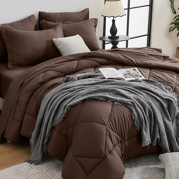 HEVUMYI Brown Twin-XL Comforter Set - 5-Piece All Season Bed in a Bag Twin-XL, Ultra Soft Bedding Set with Comforter, Flat Sheet, Fitted Sheet, Pillowcases, Pillow Shams