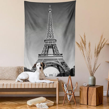 Ambesonne Eiffel Tower Tapestry Twin Size, Paris Landmark Monochrome Picture of Cityscape European Urban Famous Place Image, Wall Hanging Bedspread Bed Cover Wall Decor, 68" X 88", Grey