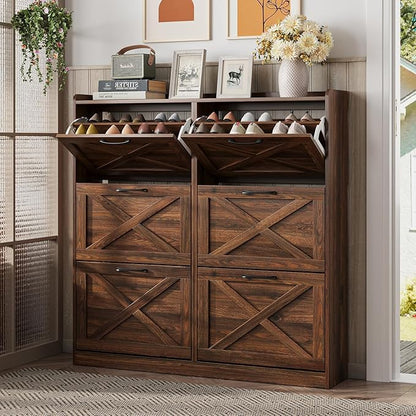 Maupvit Large Shoe Storage Cabinet with 6 Flip Drawers, Freestanding Shoe Organizer with Metal Handles for Entryway, Narrow Shoe Rack Cabinet, Dark Walnut