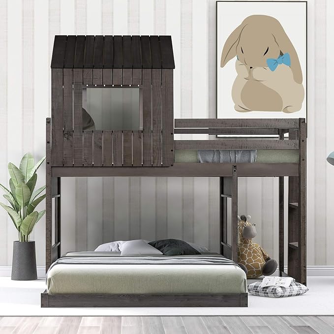 Ball & Cast Twin Over Full Playhouse Bunk Bed with Ladder and Window,Farmhouse Wood Bunkbed w/Full-Length Guard Rail & Slat Support,Space Saving,Bedroom Furniture for Student Dorms,Antique Gray