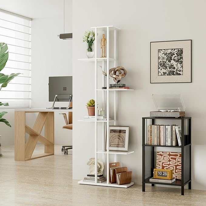 Bookshelf，Small Bookcase for Small Space，6-Tier Bookshelf for Living Room, Home Office, Study，9.45 x 20.8 x 62.2 Inches,White