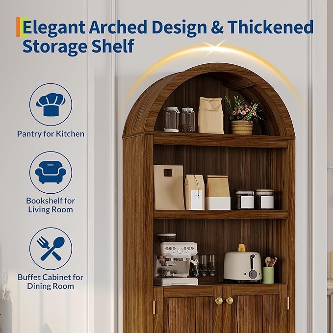 GAOMON 72'' Tall Arched Cabinet, 5 Tier Arched Bookshelf with Double Doors & Adjustable Shelf, Wooden Bookcase with Storage for Living Room, Bedroom, Study, Kitchen, Home Office, Walnut Color