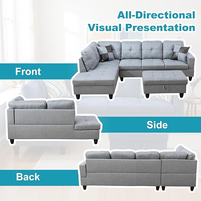 L Shaped Couch Modern Sectional Couch Upholstered Linen Fabric 3 Pieces Sofas for Living Room with Chaise, Storage Ottoman for Office and Small Apartment, Grey