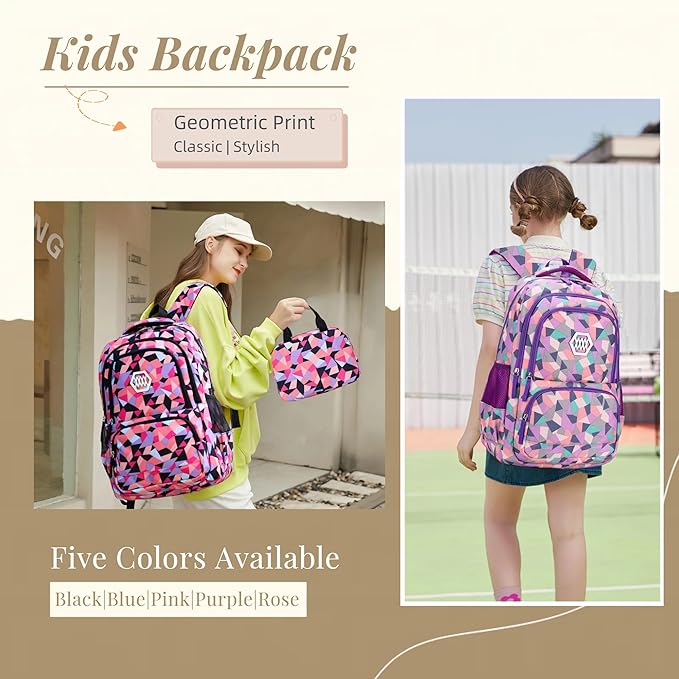 3Pcs Geometric Print Kids Backpack Set for Girls with Lunchbag, Purple Girls Backpack Elementary Middle School Bag Bookbag