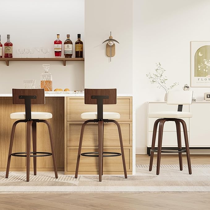 IRONCK Counter Height Bar Stools Set of 2, 29'' Faux Leather Upholstered Barstools with Back, Footrest, Wood Texture Bent Legs, Mid-Century Modern 360° Swivel Bar Stools for Kitchen Island, White