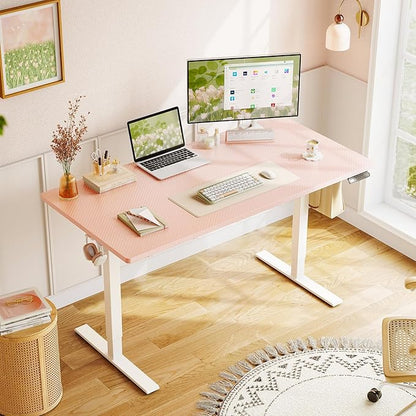 OffiGo Electric Height Adjustable Standing Desk, 48 Inch Pink Computer Desk for Women Girls, Sit Stand Table for Home, Office, Bedroom