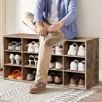 12-Cubby Shoe Rack, 3-Tier Wood Shoe Organizer, Multifunctional Shoe Organizer Bench for Entryway, Mudroom, Hallway, Closet,36.22 * 11.81 * 17.72 Inch,Brown