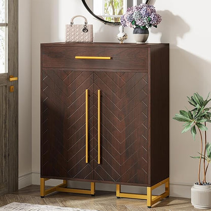 Tribesigns Shoe Cabinet with Doors, 20 Pairs Shoe Storage Cabinet with Drawer for Entryway, Modern Shoe Rack Organizer with Adjustable Shelves for Hallways Bedroom Living Room, Walnut & Gold