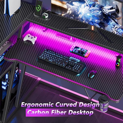 40 Inch Gaming Desk with Power Outlet & LED Lights, L Shaped Computer Gaming Table with 3 Tiers Storage Shelves, Corner Gamer Desk with Monitor Stand for Small Space, Carbon Fiber Black