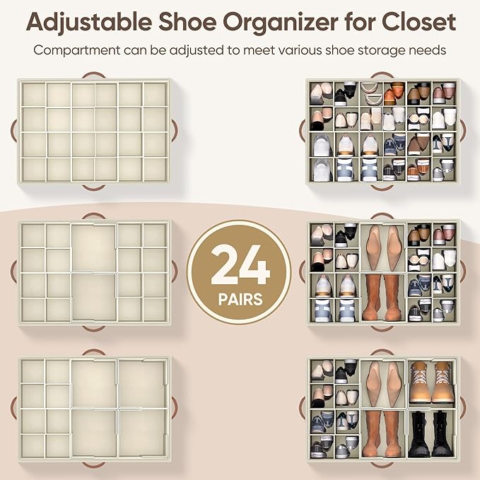 Shoe Organizer for Closet, 2 Pack Shoe Storage Containers with Adjustable Dividers, Space Saving Shoe Box Storage Organizers Bins with Clear Lid & 4 Handles, Fits 24-48 Pairs, Beige