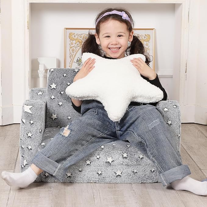 Star Glow in The Dark Toddler Couch, 2-in-1 Toddler Soft Couch Fold Out with Star Pillow, Convertible Sofa to Lounger for Girls and Boys, 1-Seat