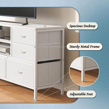 Huuger Dresser for Bedroom With Power Outlets and LED Lights, 7 Drawers TV Stand for 60 Inch TV, Console With Open Shelf, 55 Inches Wide White, PU Leather