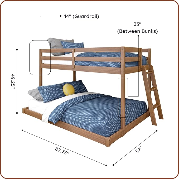 Grain & Grove Bear Twin Over Full Bunk Bed, Low Bunk Bed Frame for Kids, Bunk with Ladder, Guardrail, and Slats, No Box Spring Required, Oak Embossed Pecan
